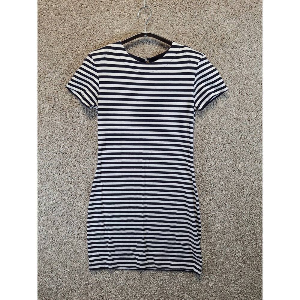 French Connection T-Shirt Dress Women 6 White Black Striped Stretch Short Sleeve
